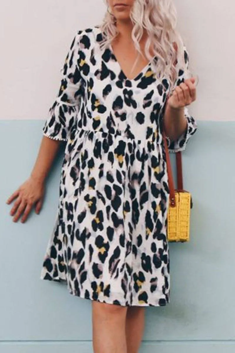 V Neck Leopard Printed Knee Length A Line Dress