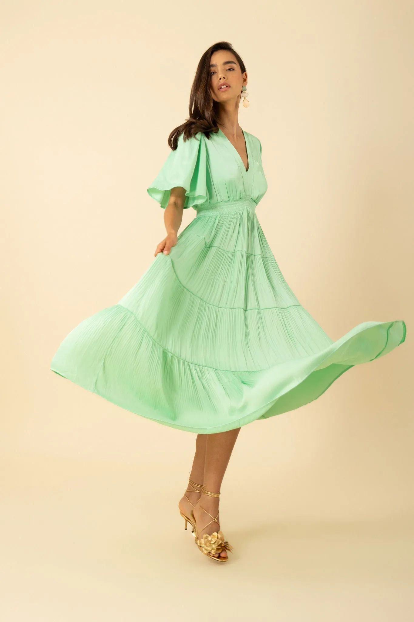 V- Neck Pleated Maxi Dress-Mint Green
