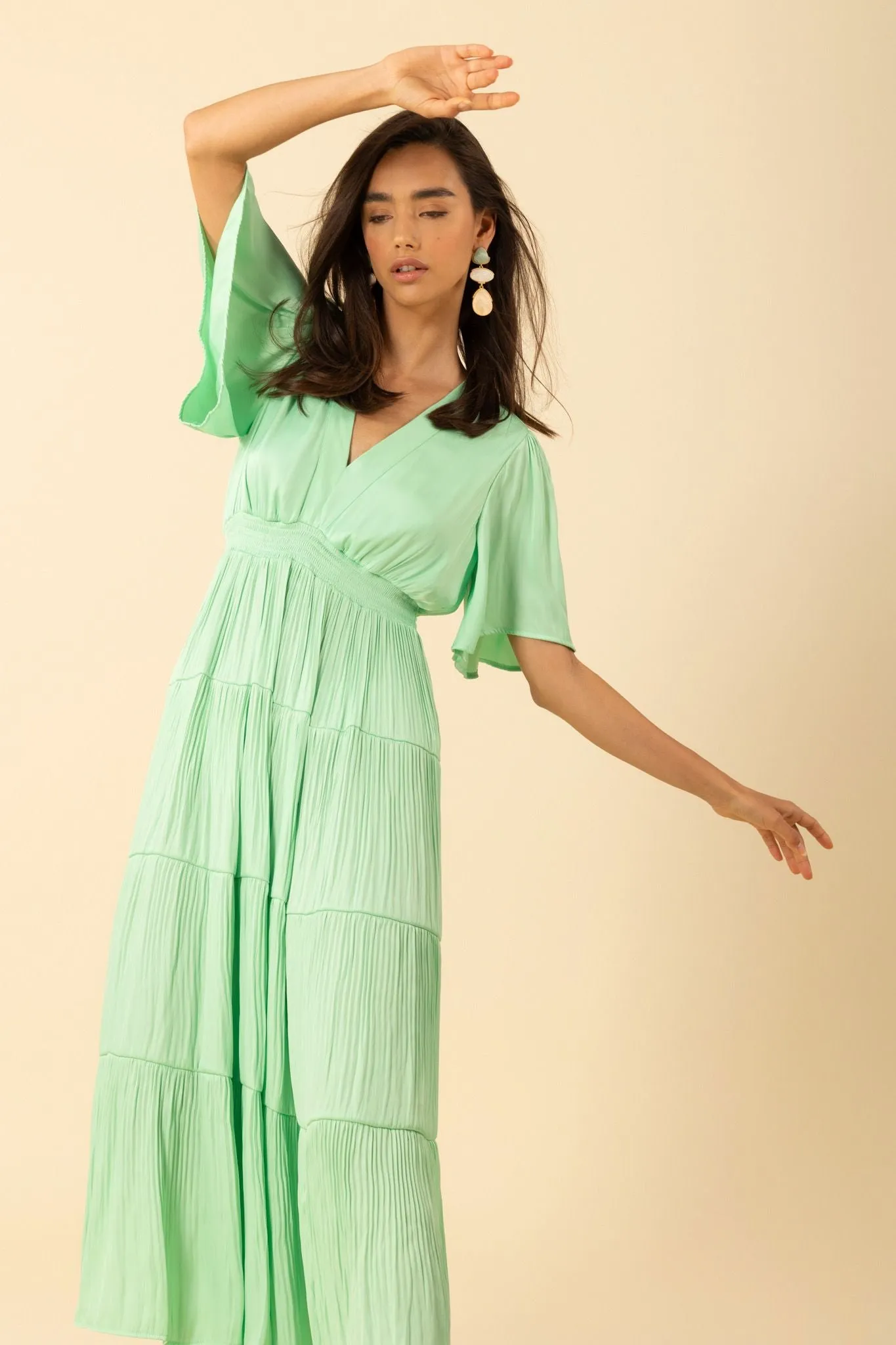 V- Neck Pleated Maxi Dress-Mint Green