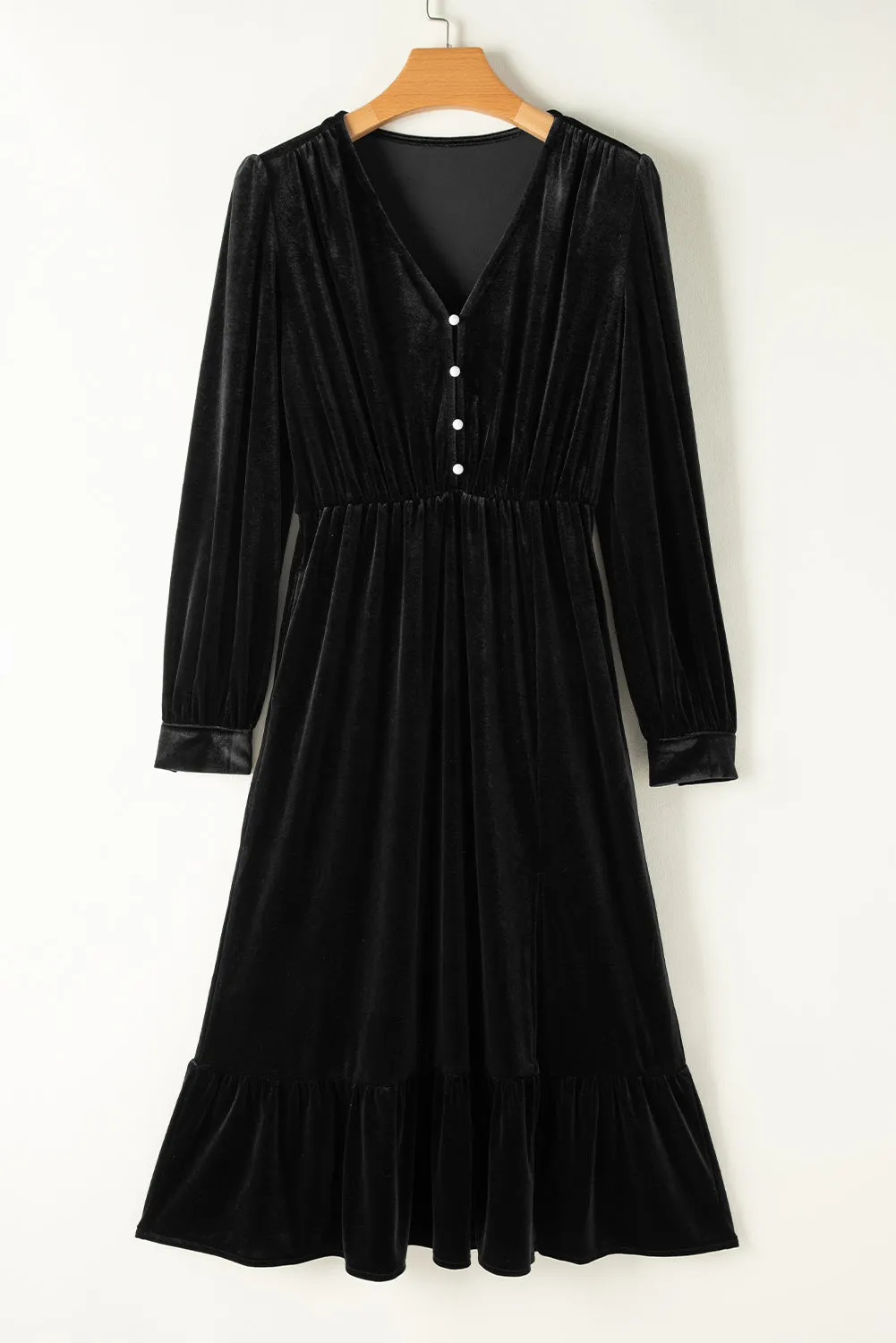 Velvet Buttoned Puff Sleeve Midi Dress