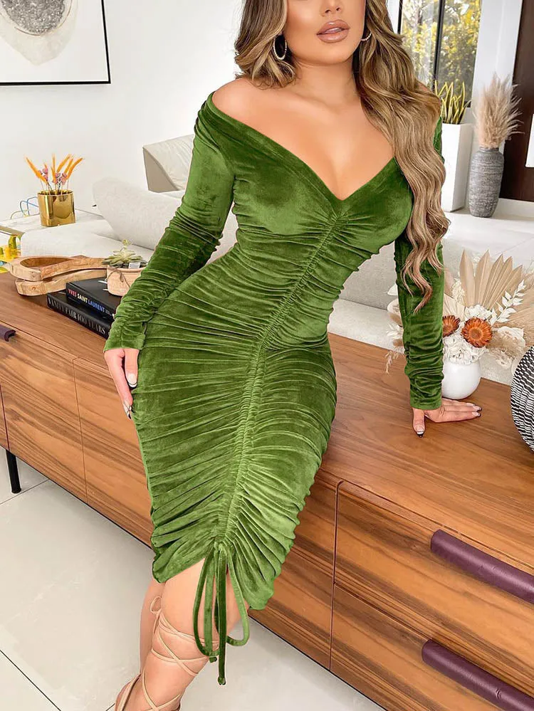 Velvet Off Shoulder Drawstring Dress