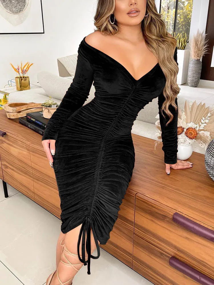 Velvet Off Shoulder Drawstring Dress