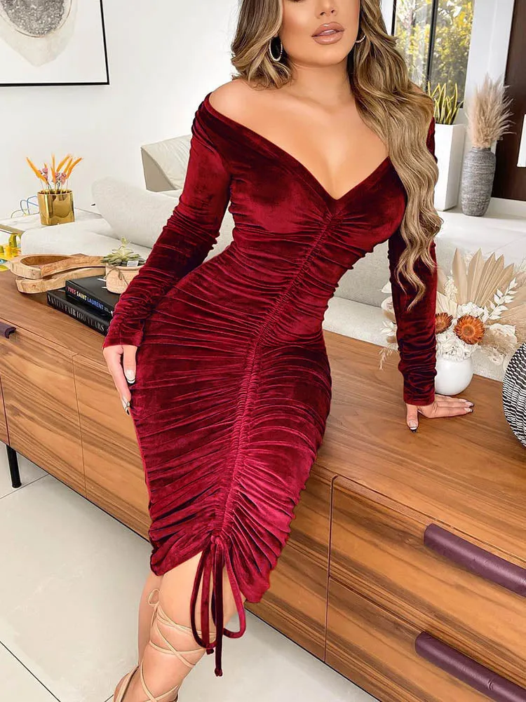 Velvet Off Shoulder Drawstring Dress