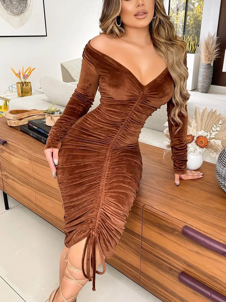 Velvet Off Shoulder Drawstring Dress