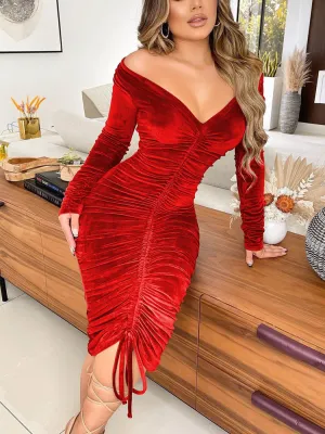 Velvet Off Shoulder Drawstring Dress