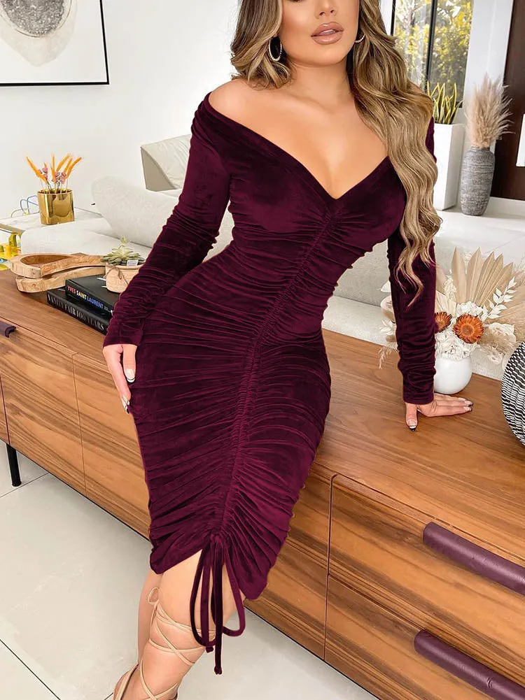 Velvet Off Shoulder Drawstring Dress