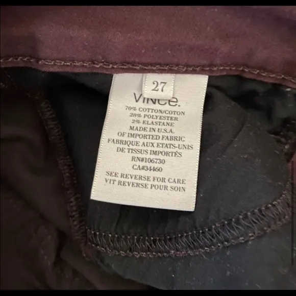 Vince Skinny Zip Jeans Dark Raisin size 27