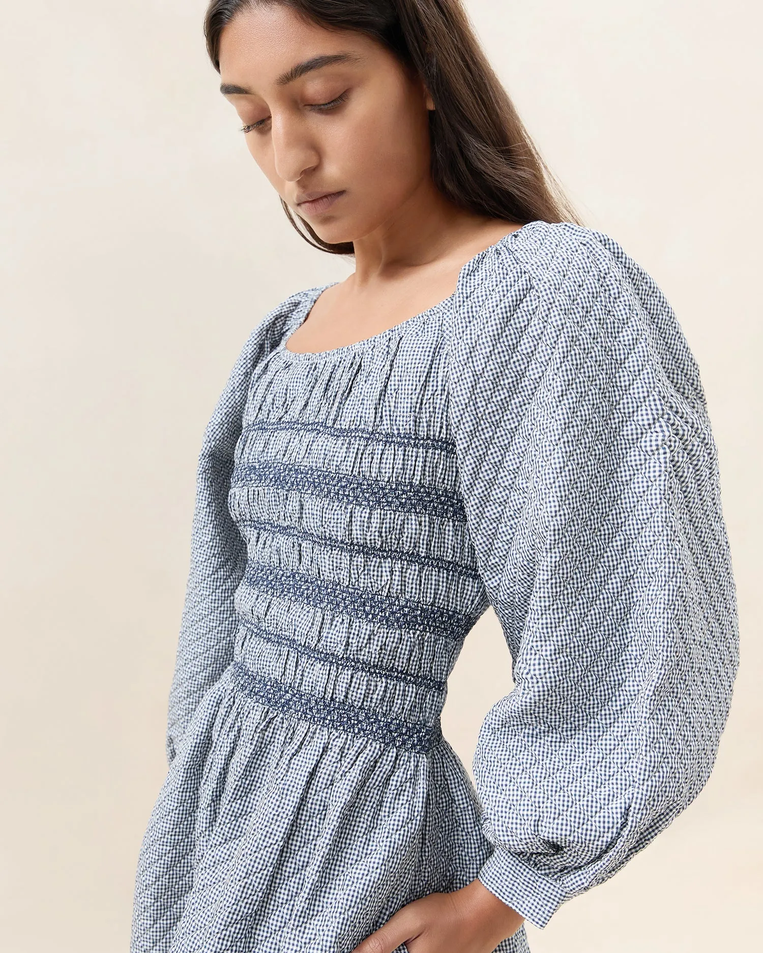 Vineta Navy Gingham Gathered Dress
