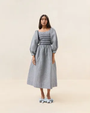 Vineta Navy Gingham Gathered Dress