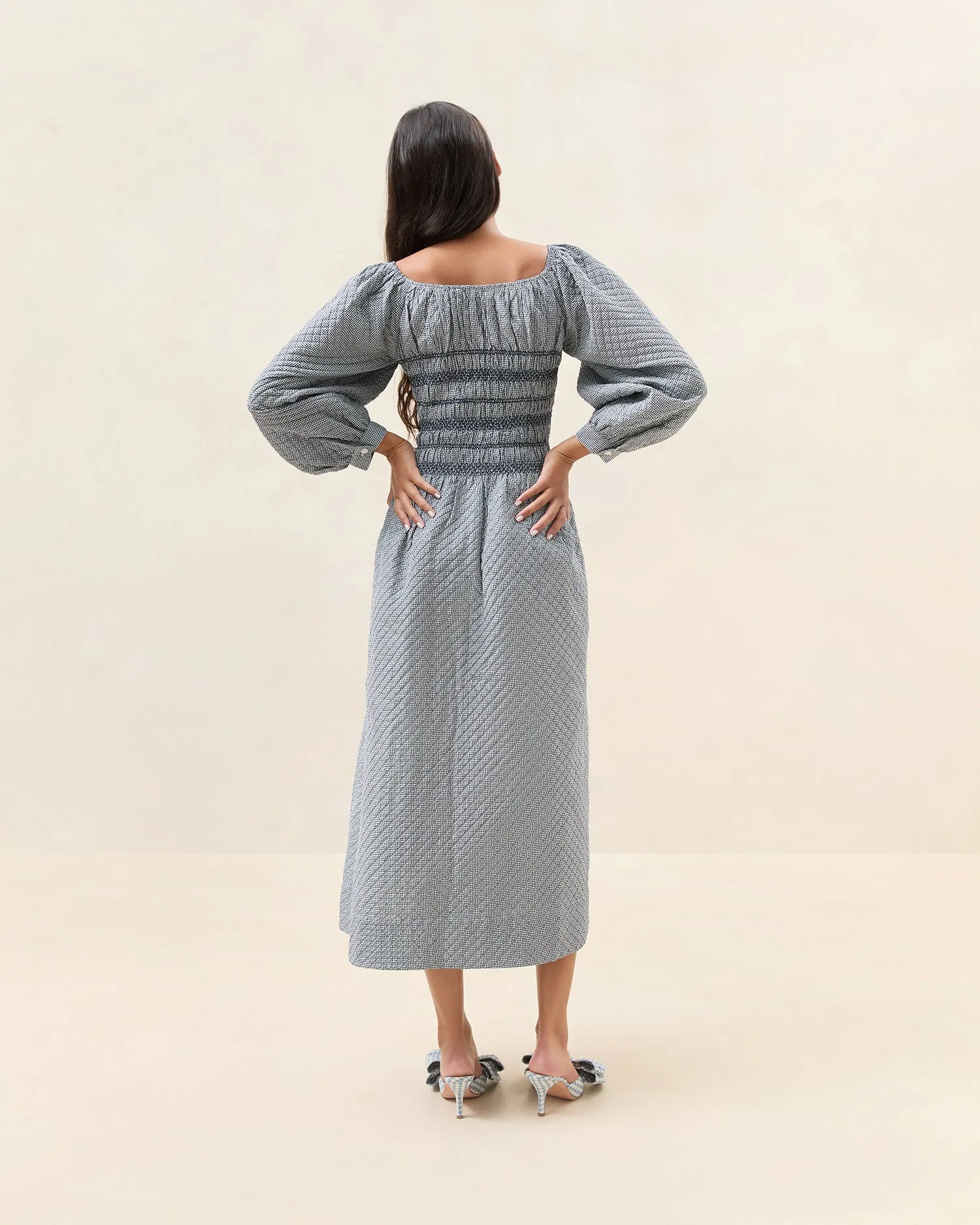 Vineta Navy Gingham Gathered Dress