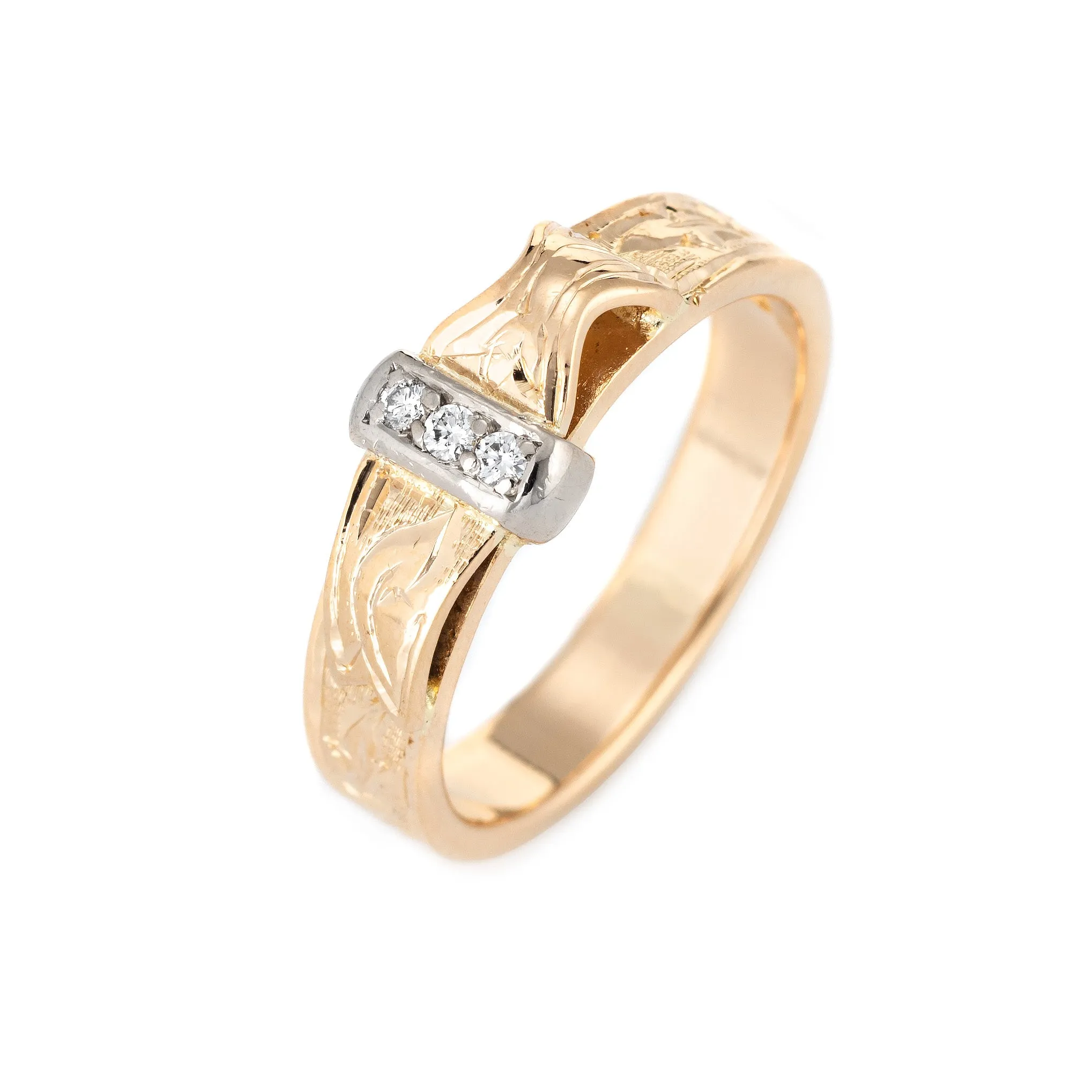 Vintage Diamond Buckle Ring 18k Yellow Gold Sz 4 Pinky Band Estate Jewelry
