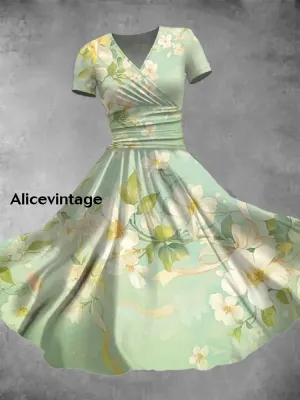 Vintage Floral Art Print V Neck Midi Dress