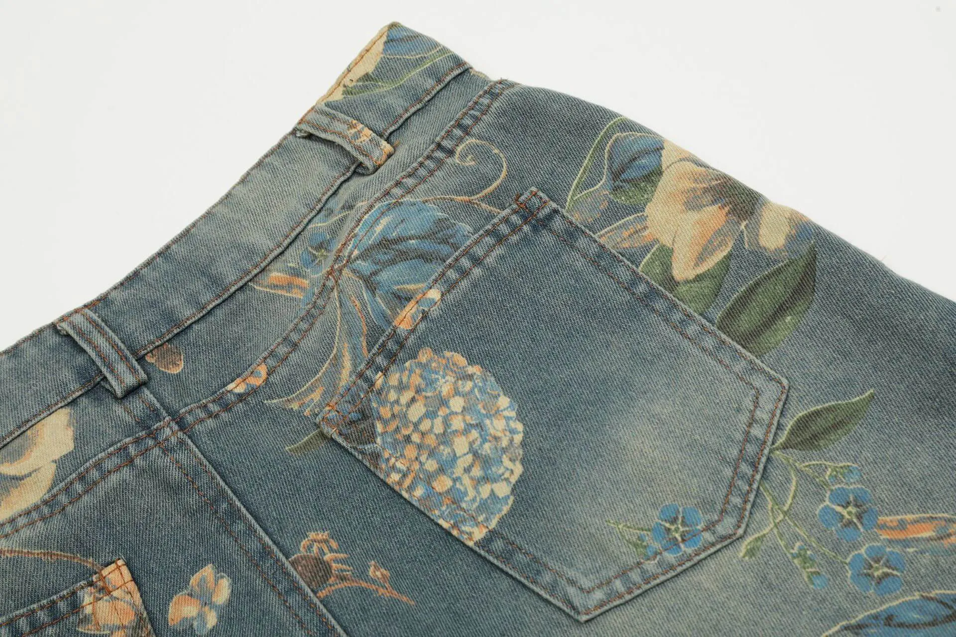 Vintage Floral Wide-Leg Denim Jeans