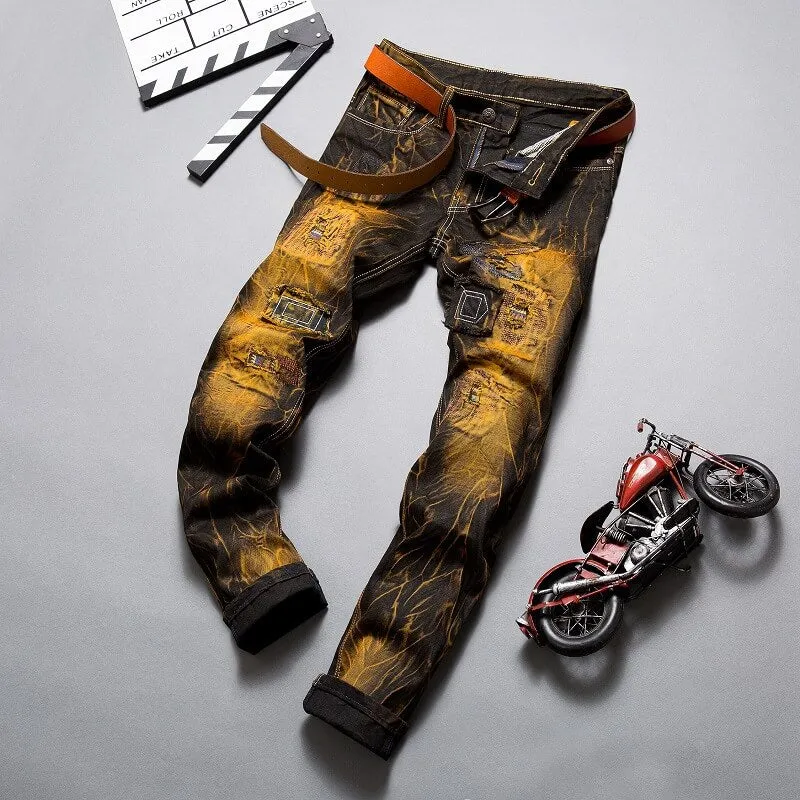 Vintage Mid Waisted Jeans Men's Ripped Jeans Casual Straight Pants