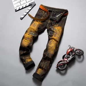Vintage Mid Waisted Jeans Men's Ripped Jeans Casual Straight Pants