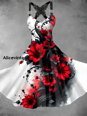 Vintage V-neck Floral Art Print Casual Lace Bowknot Suspender Midi Dress