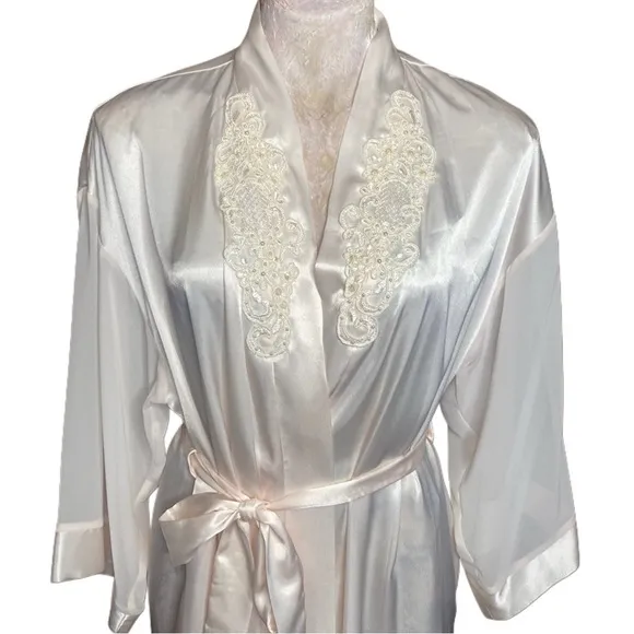 VTG Intimo‎ Amore satin silky long robe pearl floral lace blush lingerie Sz M