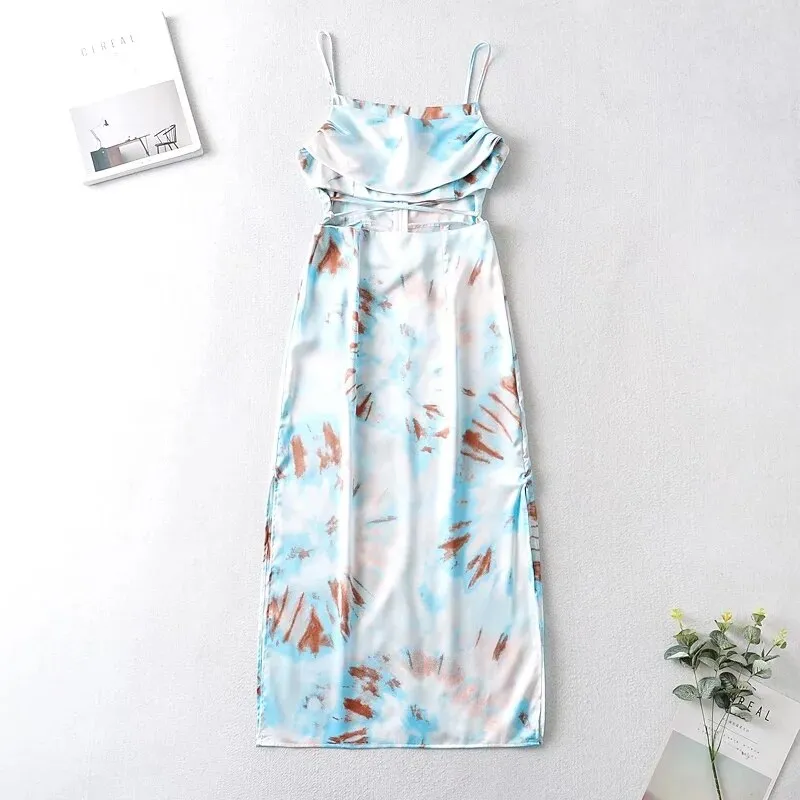 Waist Cut Out Criss Cross Sexy Summer Tie-dyed Midi Dress Ladies Elegant Beach Boho Slip Long Dress Sleeveless Sundress
