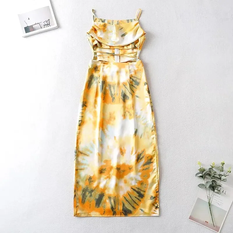 Waist Cut Out Criss Cross Sexy Summer Tie-dyed Midi Dress Ladies Elegant Beach Boho Slip Long Dress Sleeveless Sundress