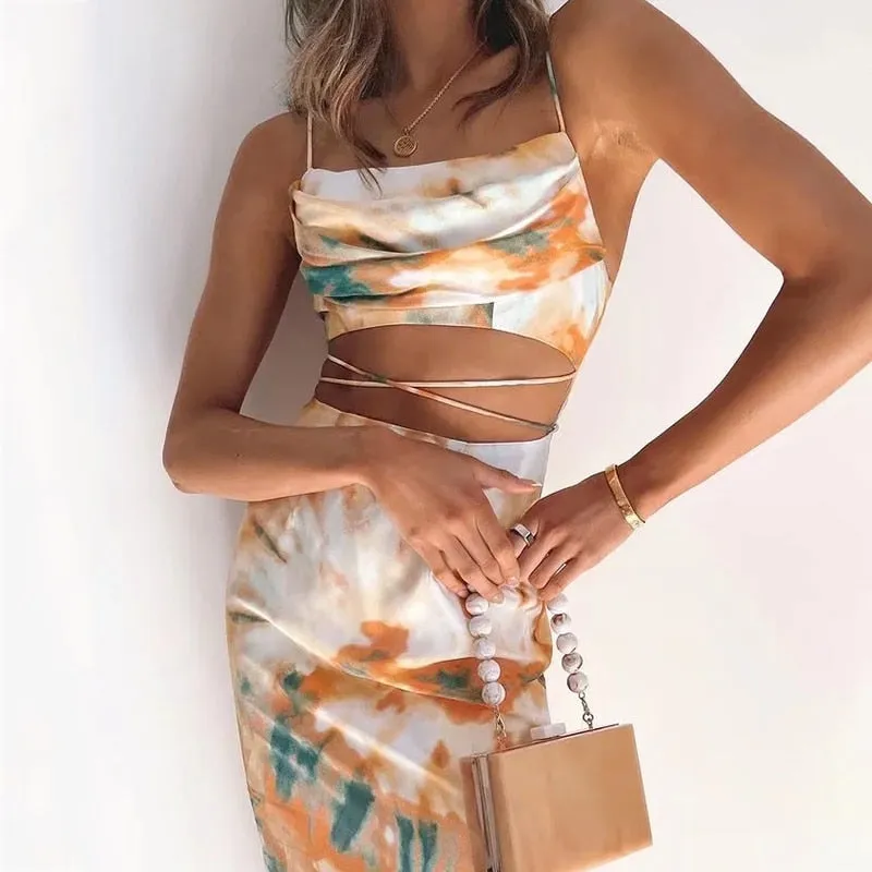 Waist Cut Out Criss Cross Sexy Summer Tie-dyed Midi Dress Ladies Elegant Beach Boho Slip Long Dress Sleeveless Sundress