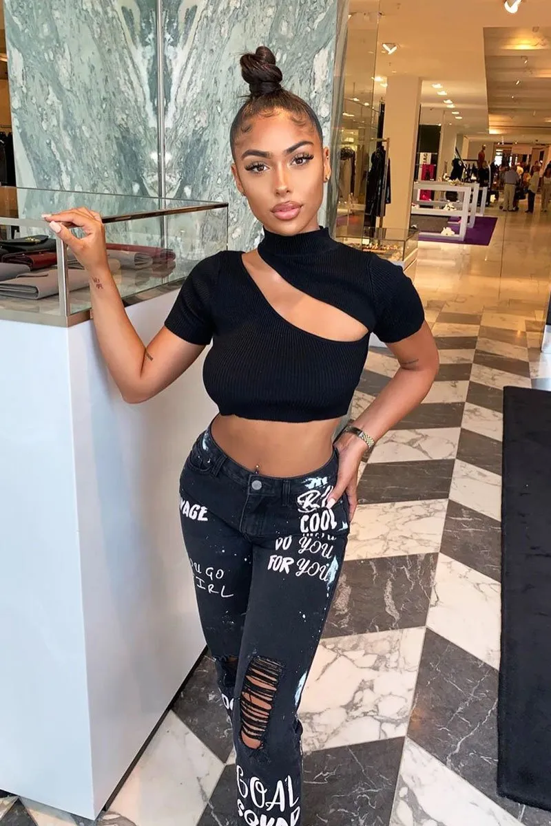 Washed Black Slogan Ripped Knee Mom Jeans - Carla
