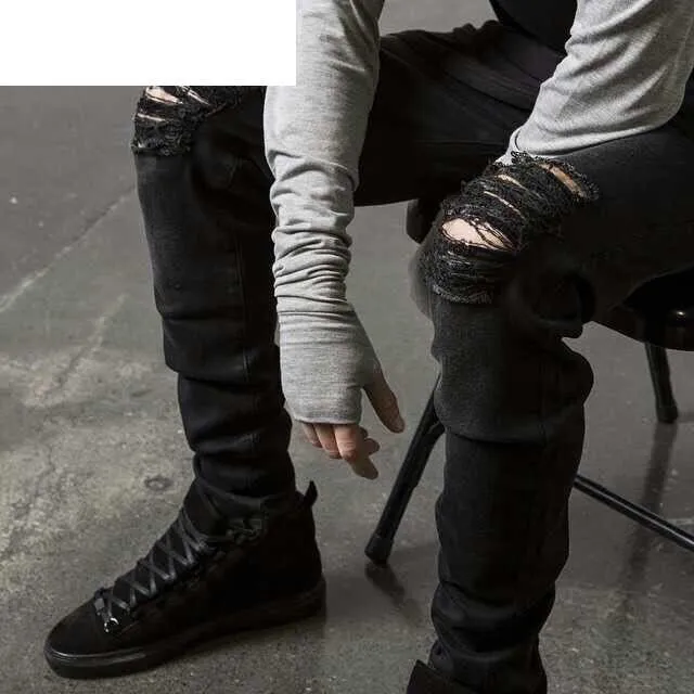 West Louis™ Designer Black Ripped Torn Jeans