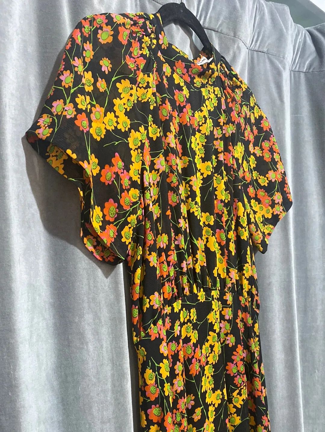 WHISTLES Short Sleeve Black Maxi Dress with Orange and Red Flowers