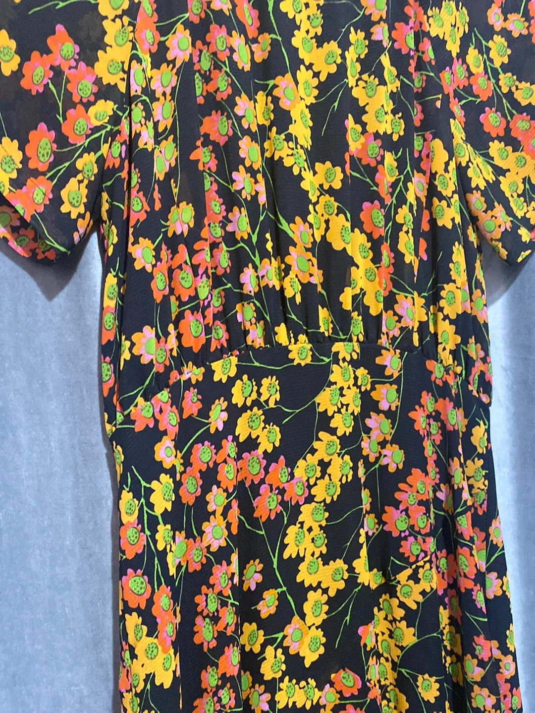 WHISTLES Short Sleeve Black Maxi Dress with Orange and Red Flowers
