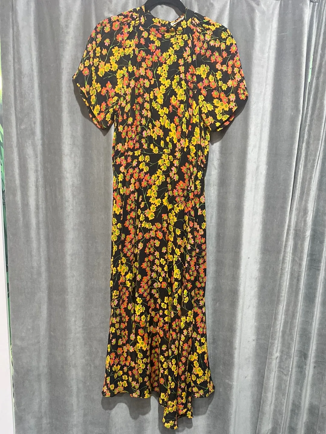 WHISTLES Short Sleeve Black Maxi Dress with Orange and Red Flowers