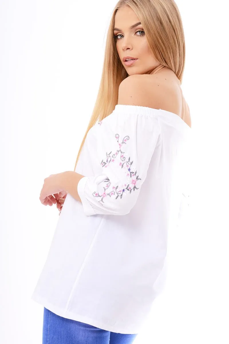 White Bardot Floral Embroidered Sleeve Blouse - Clarise