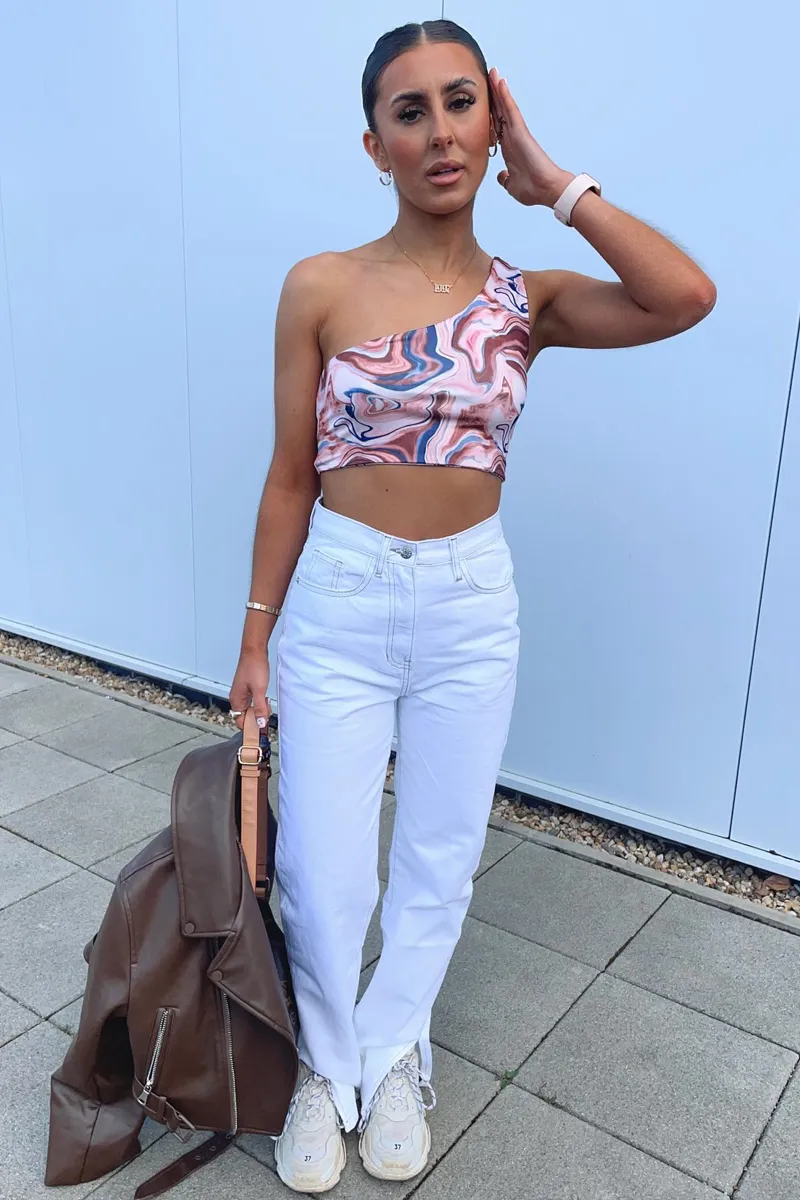 White Contrast Stitch Denim Straight Leg Side Split Jeans - Tashi
