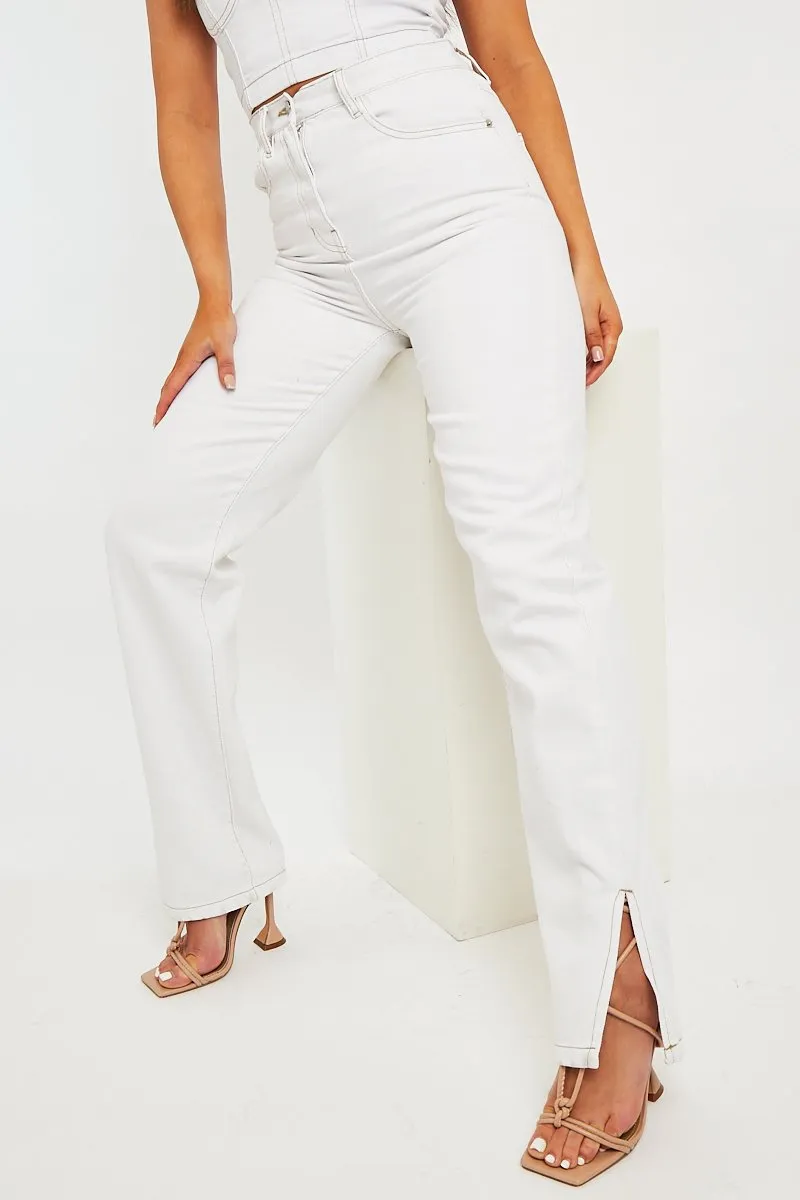 White Contrast Stitch Denim Straight Leg Side Split Jeans - Tashi