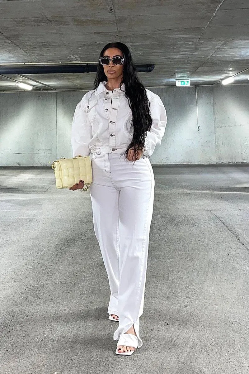 White Contrast Stitch Denim Straight Leg Side Split Jeans - Tashi