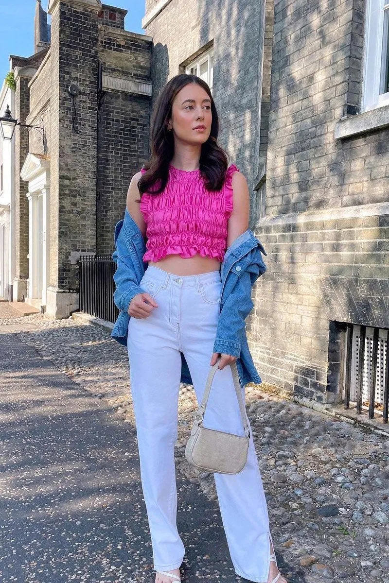 White Contrast Stitch Denim Straight Leg Side Split Jeans - Tashi