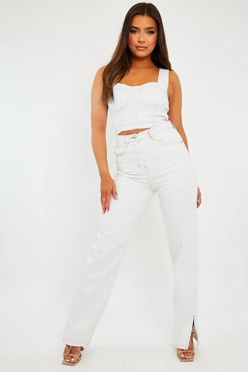 White Contrast Stitch Denim Straight Leg Side Split Jeans - Tashi