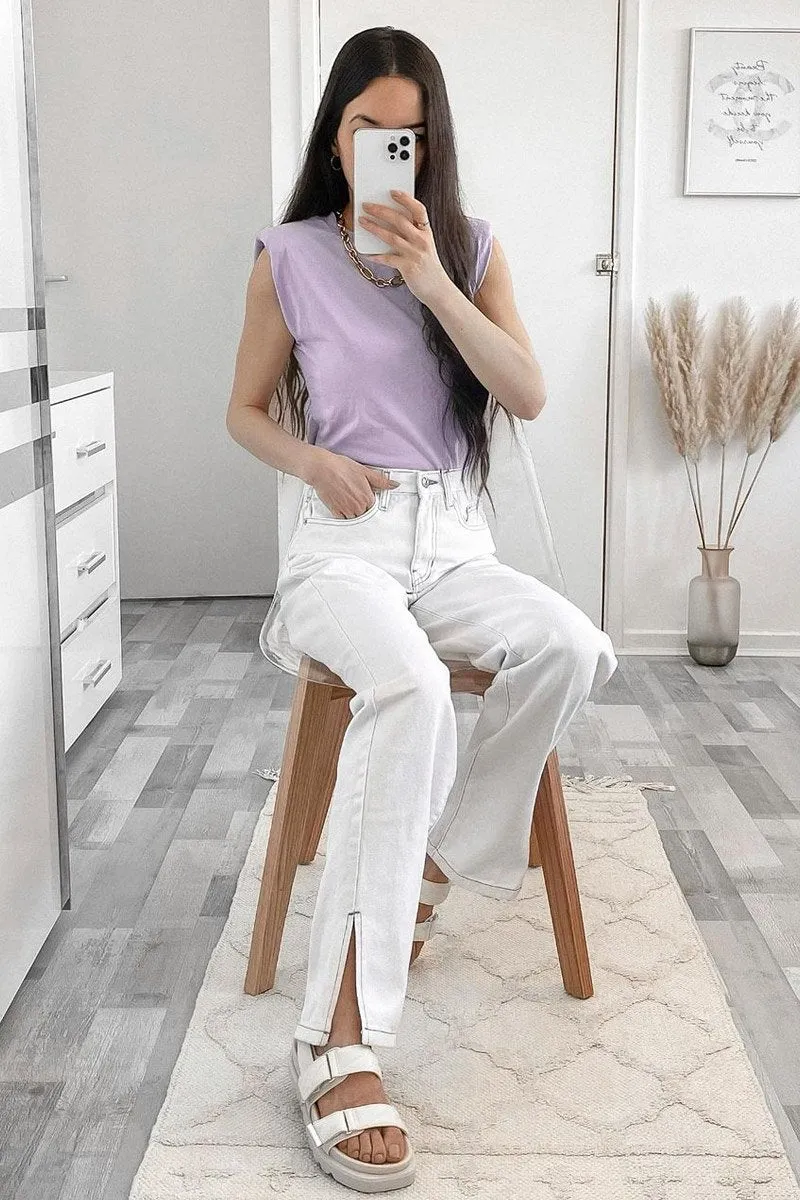 White Contrast Stitch Denim Straight Leg Side Split Jeans - Tashi