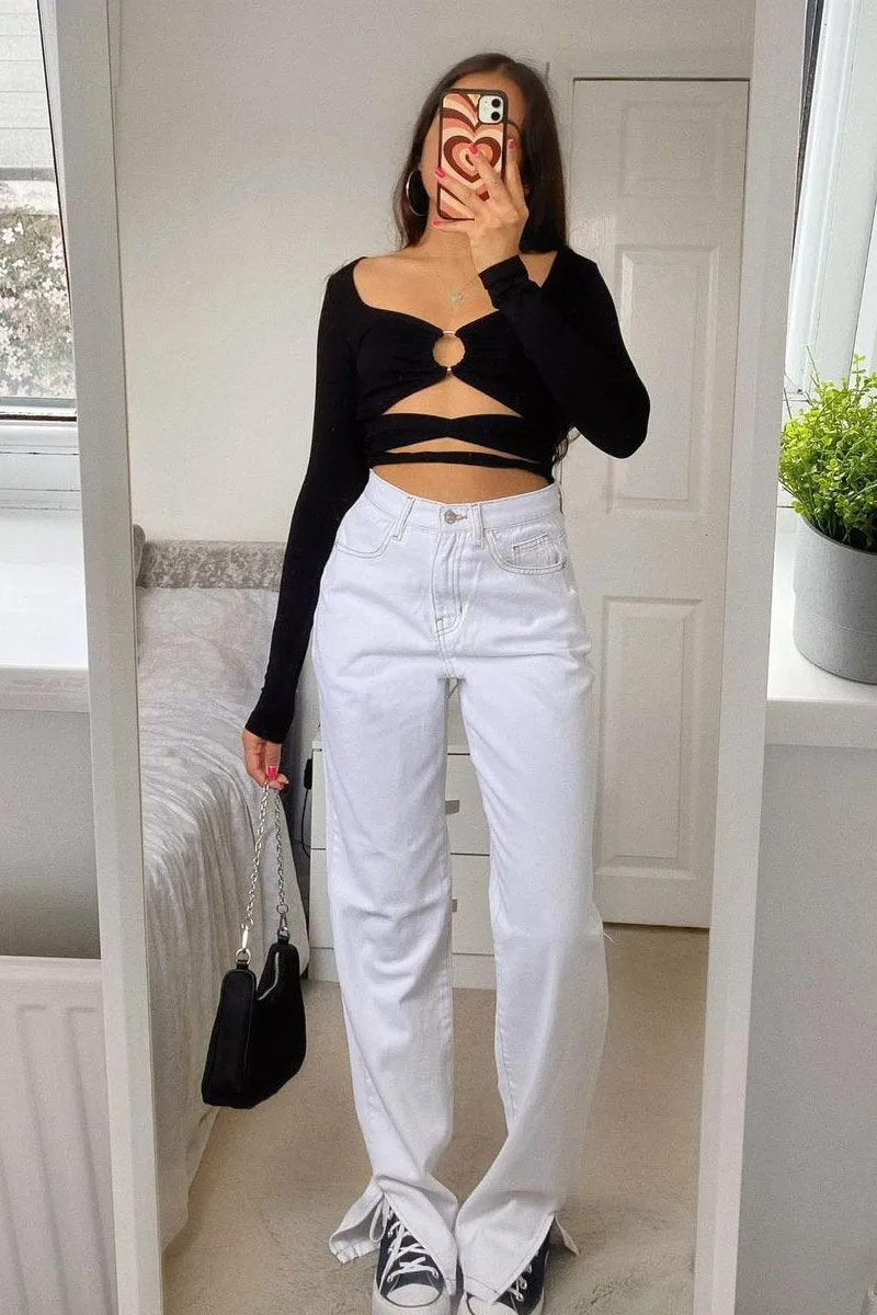 White Contrast Stitch Denim Straight Leg Side Split Jeans - Tashi