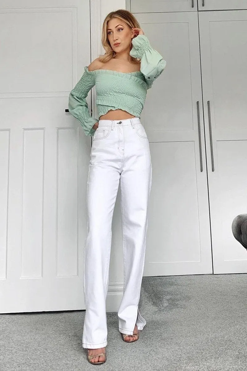 White Contrast Stitch Denim Straight Leg Side Split Jeans - Tashi