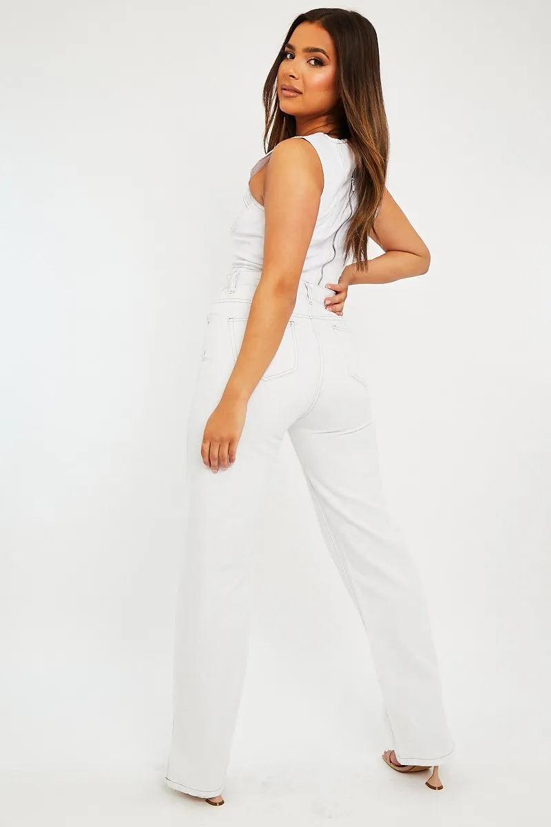 White Contrast Stitch Denim Straight Leg Side Split Jeans - Tashi