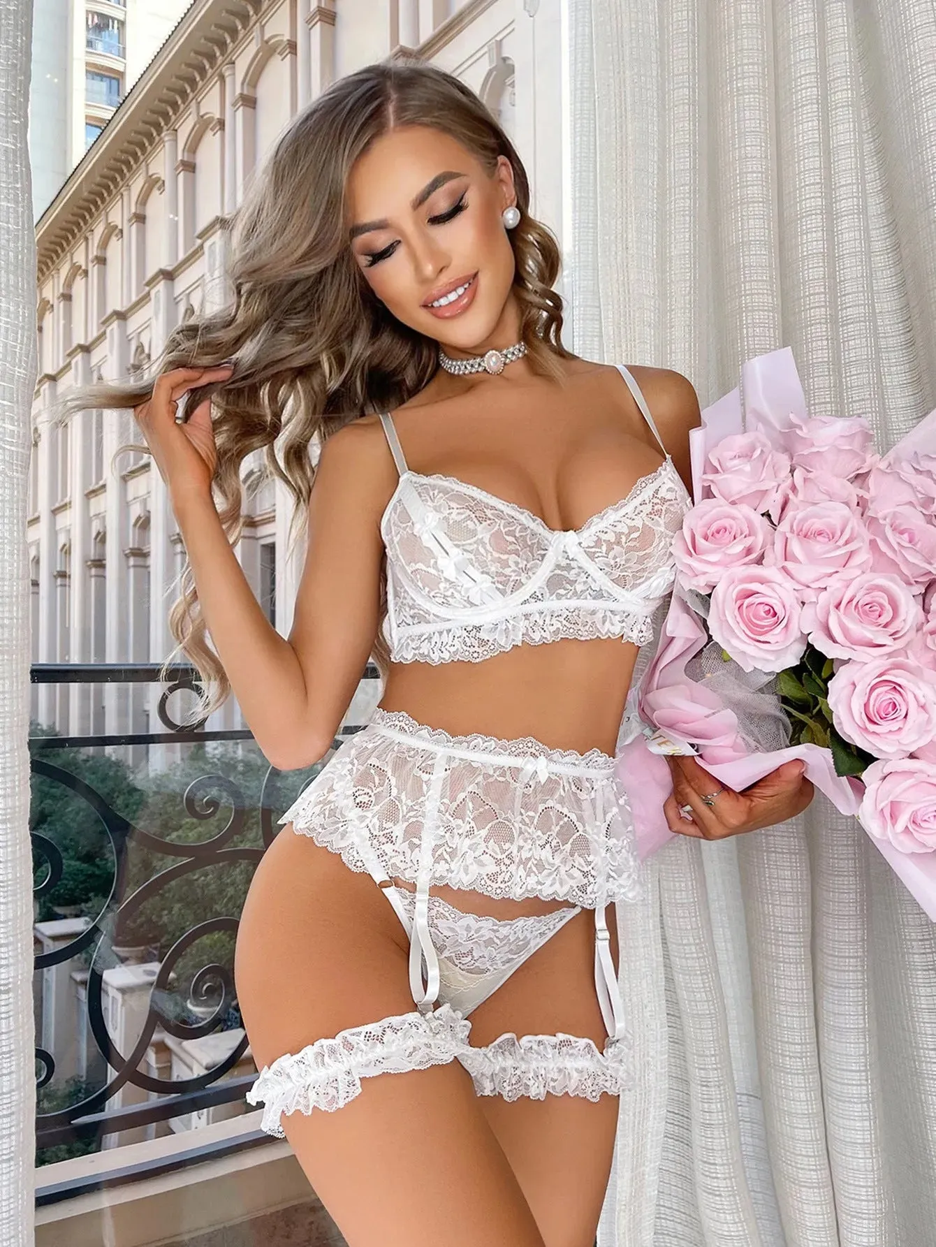 White Lace Pettiskirt Garter Lingerie Set
