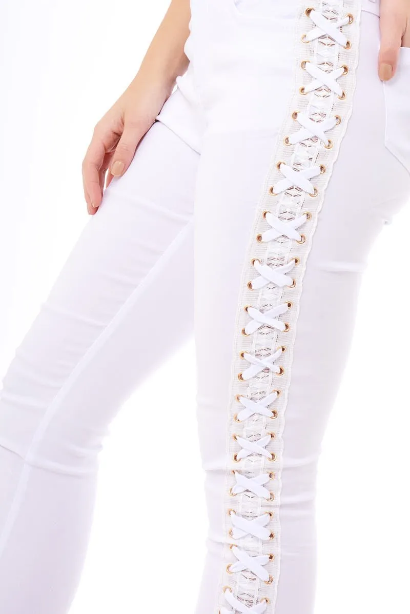 White Lace Up Sides Skinny Denim Jeans - Mallie