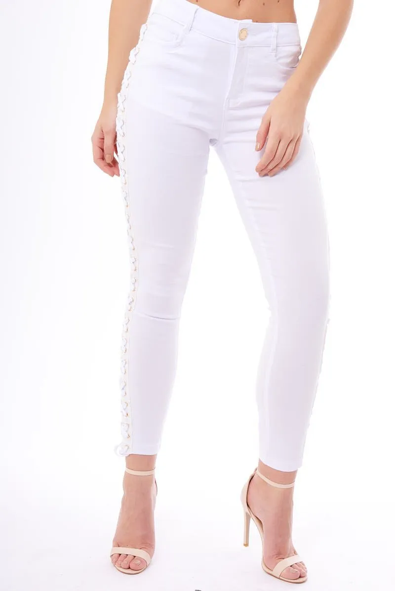 White Lace Up Sides Skinny Denim Jeans - Mallie