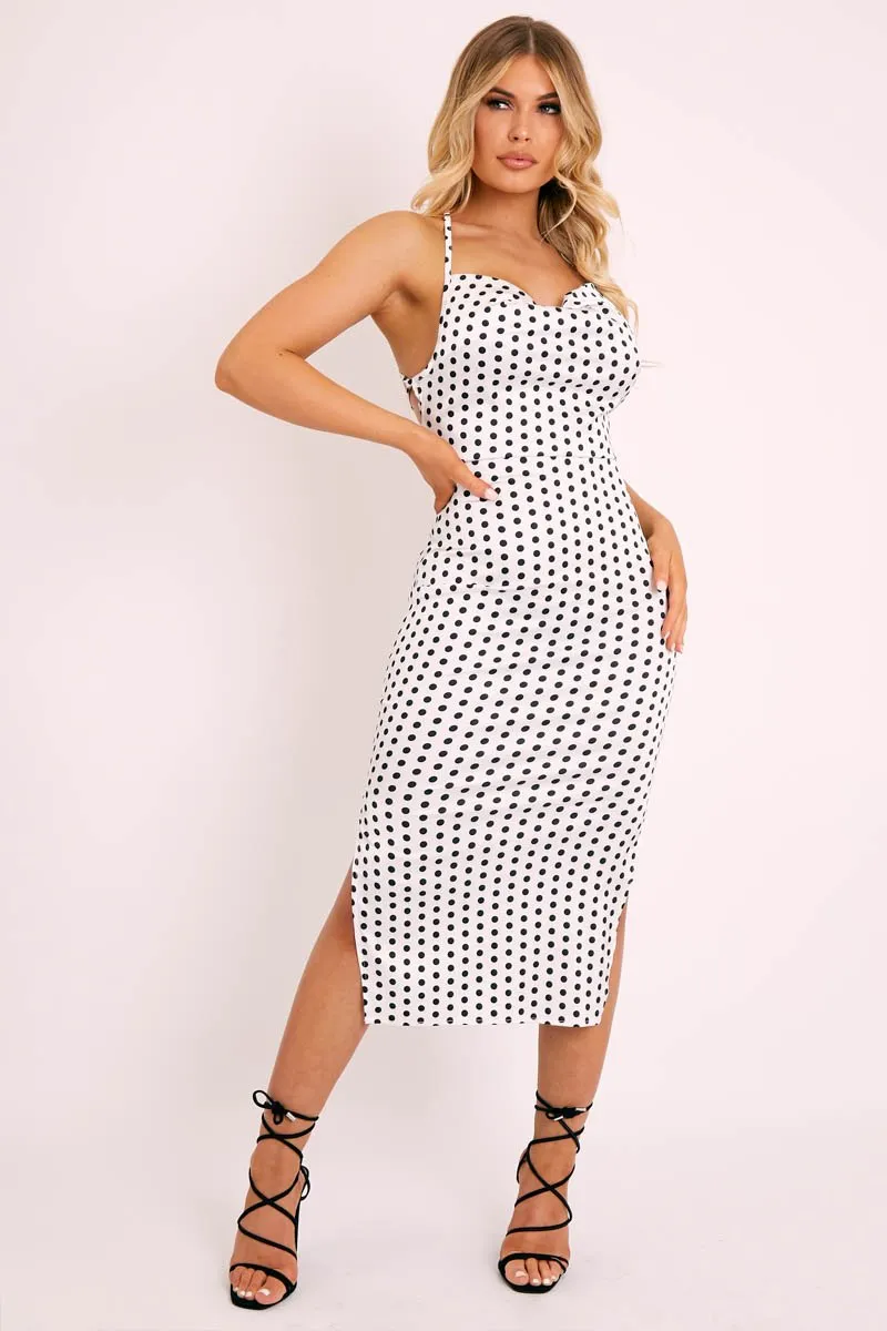 White Polka Cowl Neck Lace Back Midi Dress - Gracia
