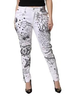 White Printed Embellished Skinny Denim Jeans