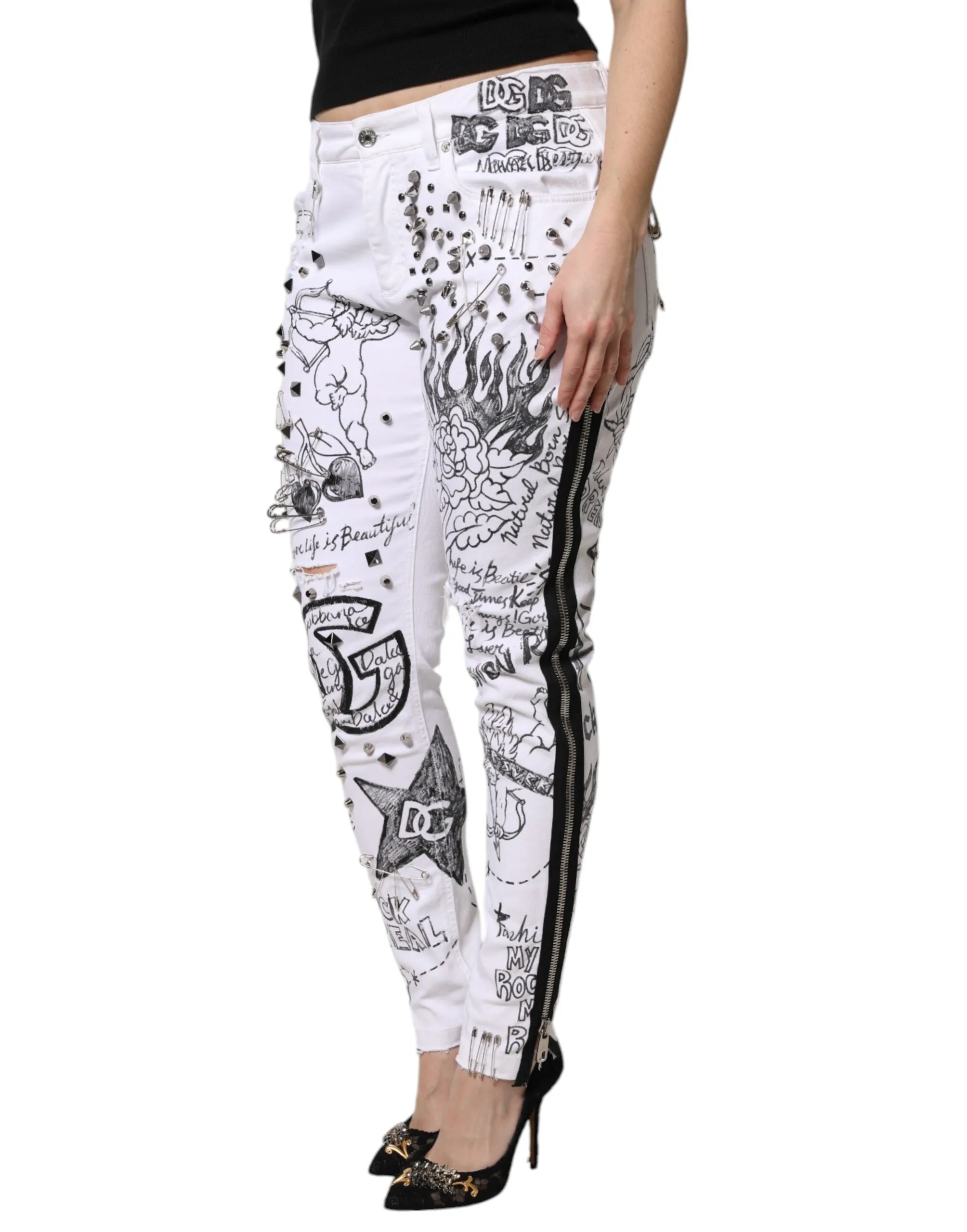 White Printed Embellished Skinny Denim Jeans