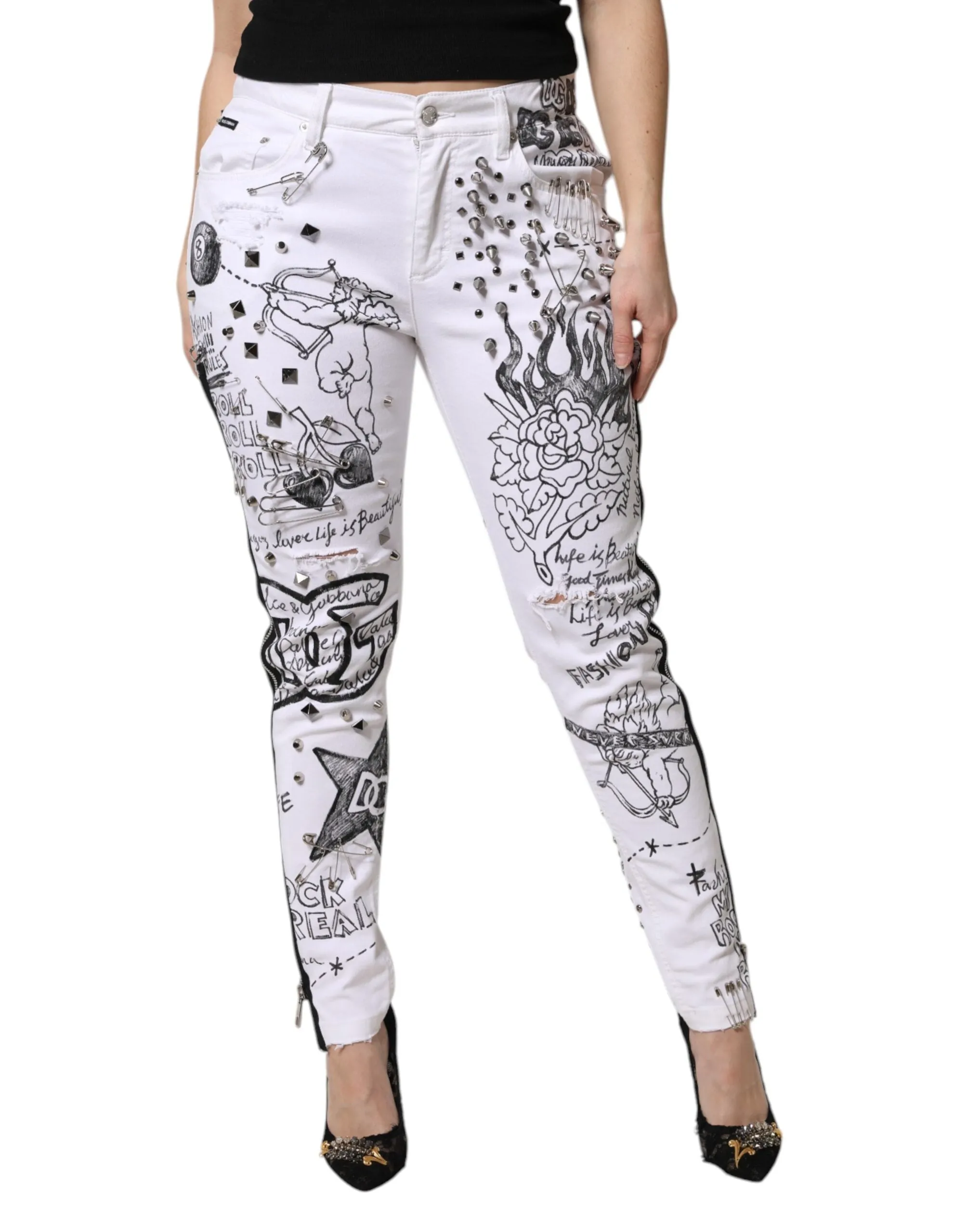 White Printed Embellished Skinny Denim Jeans
