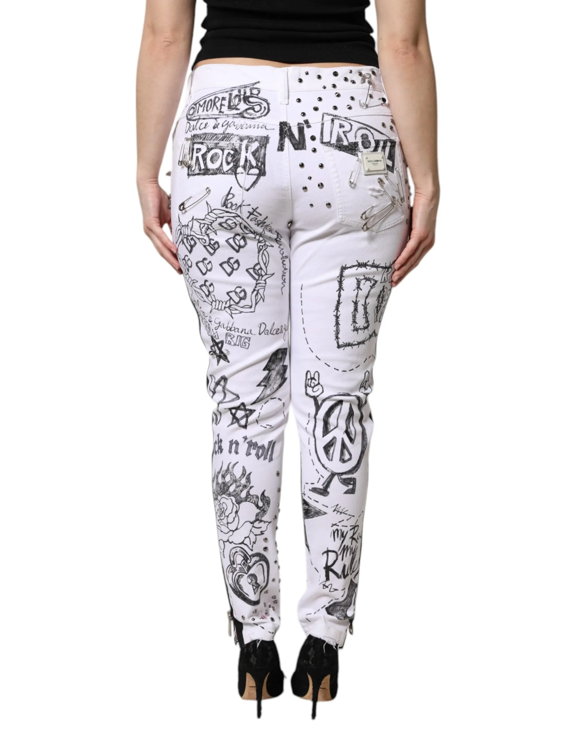 White Printed Embellished Skinny Denim Jeans