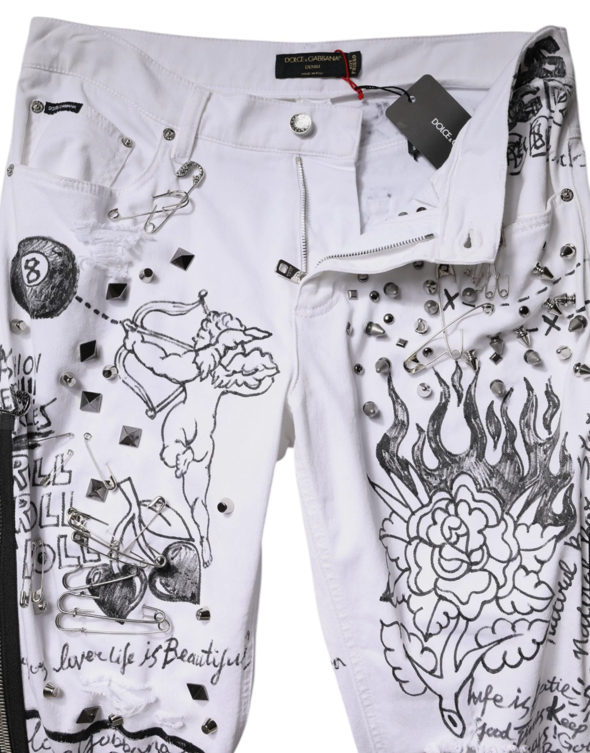 White Printed Embellished Skinny Denim Jeans