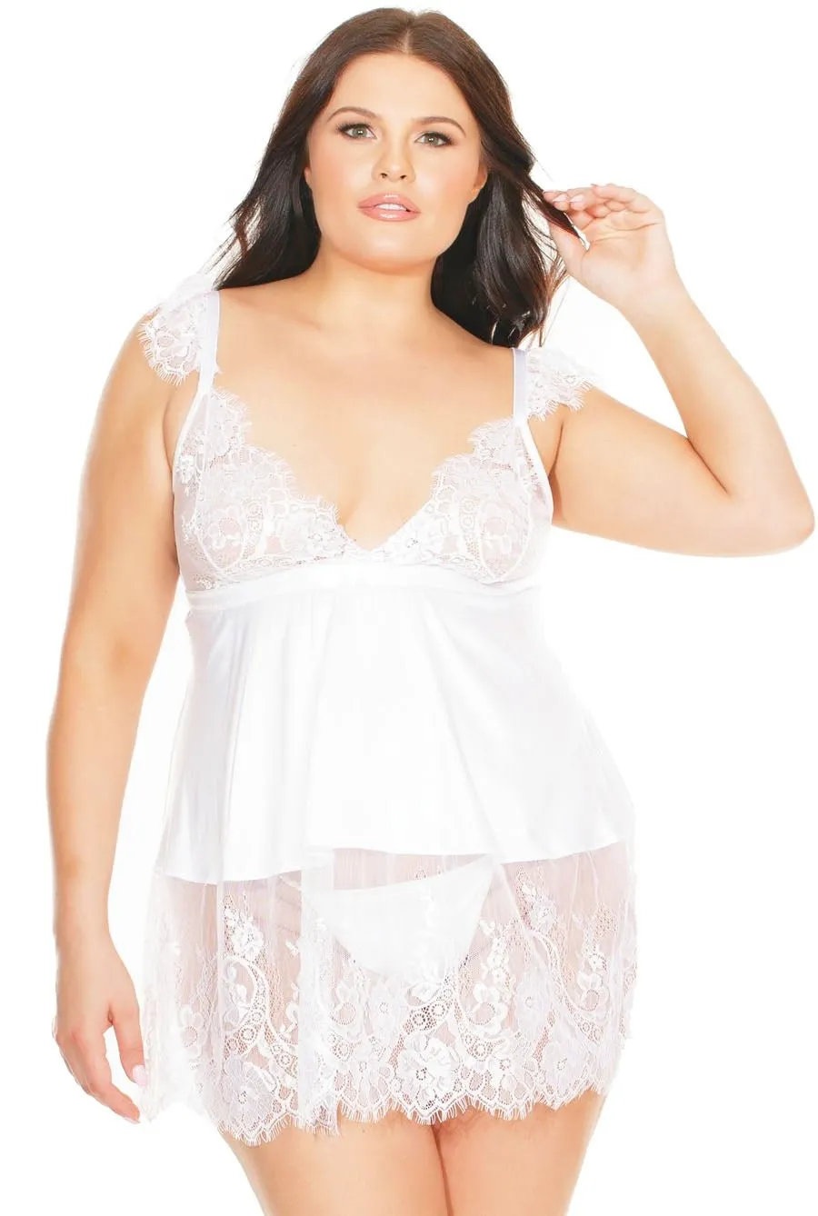 White Satin & Eyelash Lace Babydoll Chemise