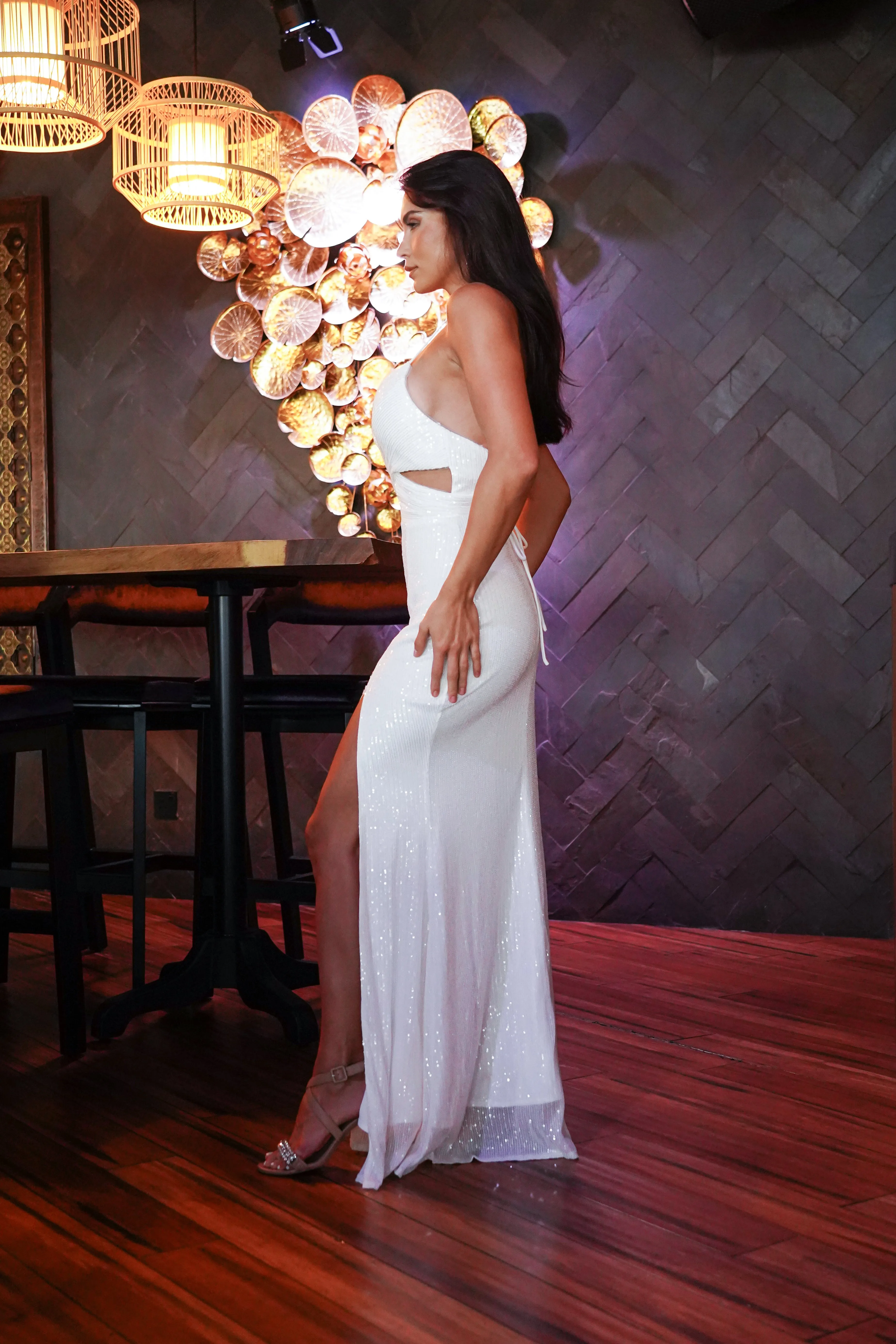 White Sequin Maxi Dress with Cutout and Back Straps